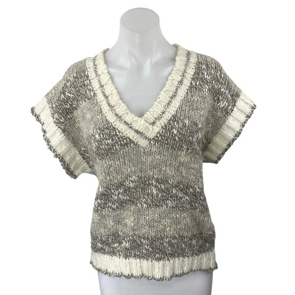 CG Career Guild Womens Gray Tan Wool Knit Short Sleeve V-Neck Sweater Vest Top L - Picture 1 of 3